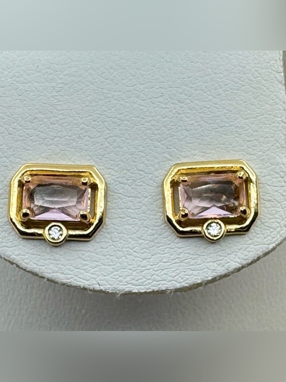 NEW Sterling Silver Gold Vermeil Pink Emerald-Cut CZ Stud Earrings